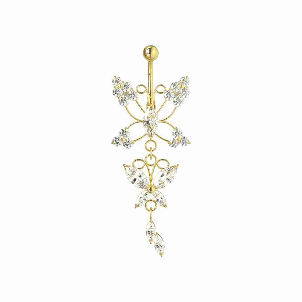 Navelpiercing - vackert hänge med stor fjäril och kristaller - guld