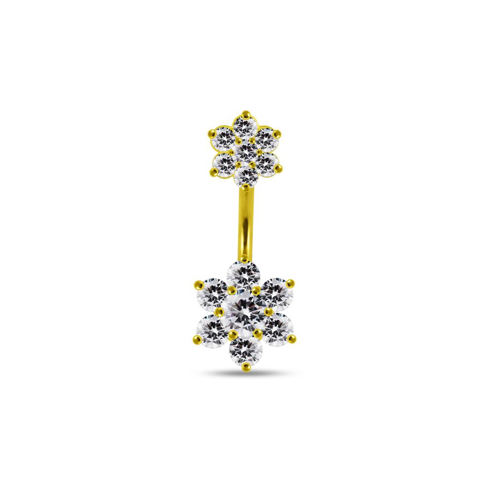 Navelpiercing - dubbla blommor med kristaller - guldpläterad