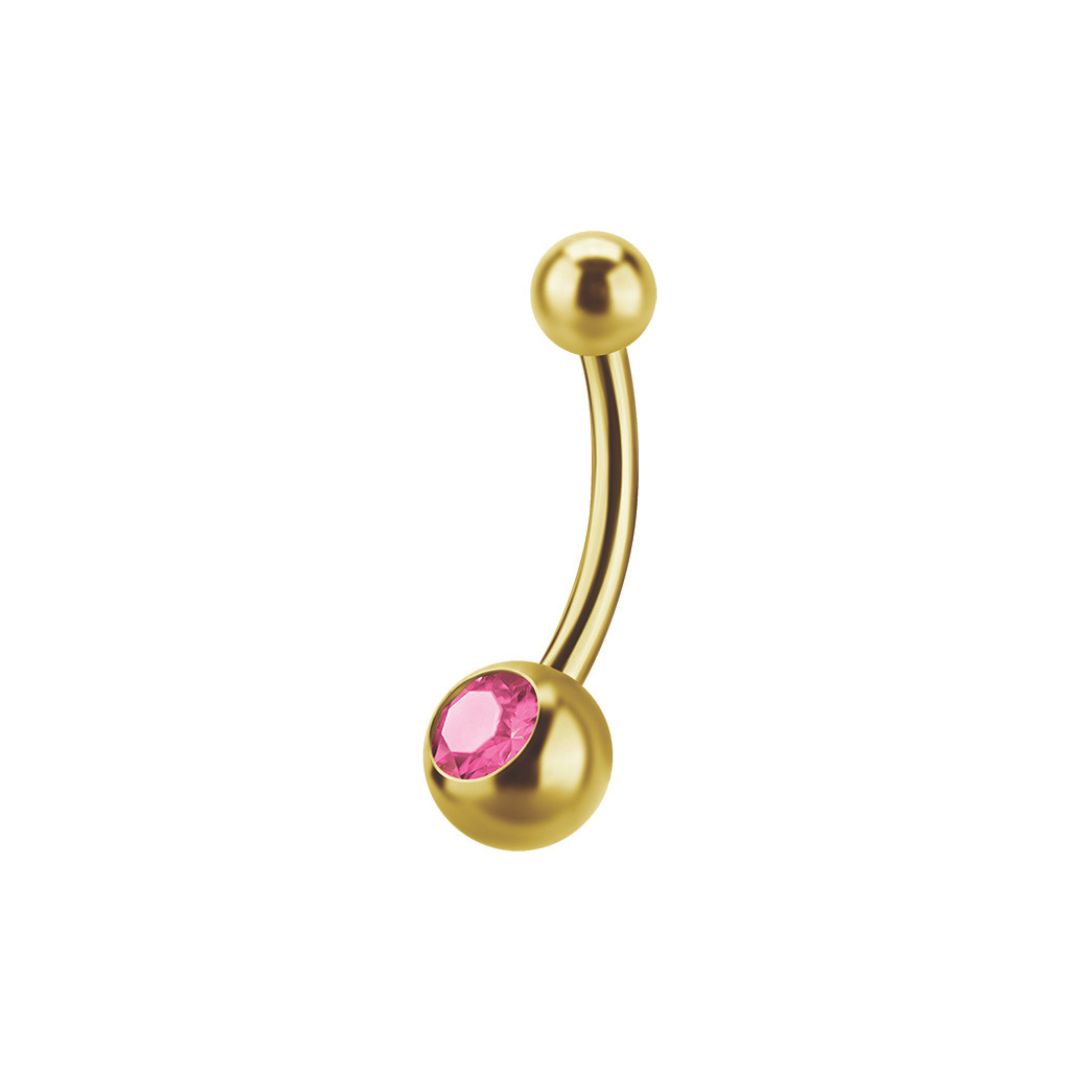 Navelpiercing - baby banana barbell  (4x6 mm) 18k guld - rosa kristall