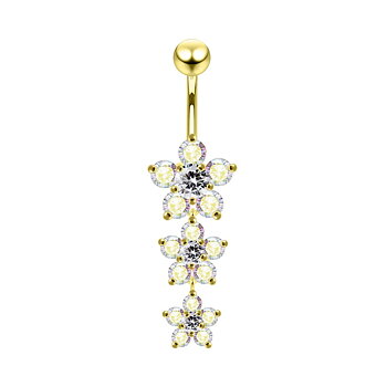 Navelpiercing - blommor med regbågsskimrande kristaller - 18K guld PVD