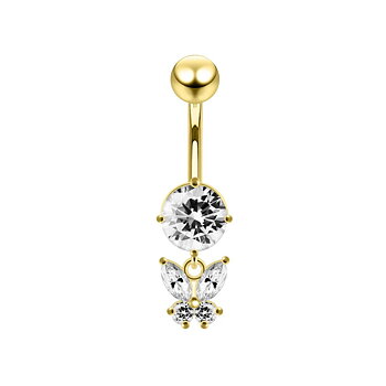 Navelpiercing - kristall och fjäril - 18K guld PVD
