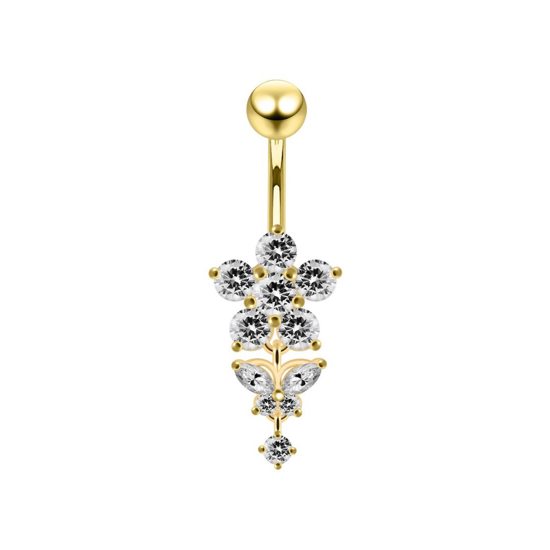 Navelpiercing - blomma och fjärilhänge - 18K guld PVD