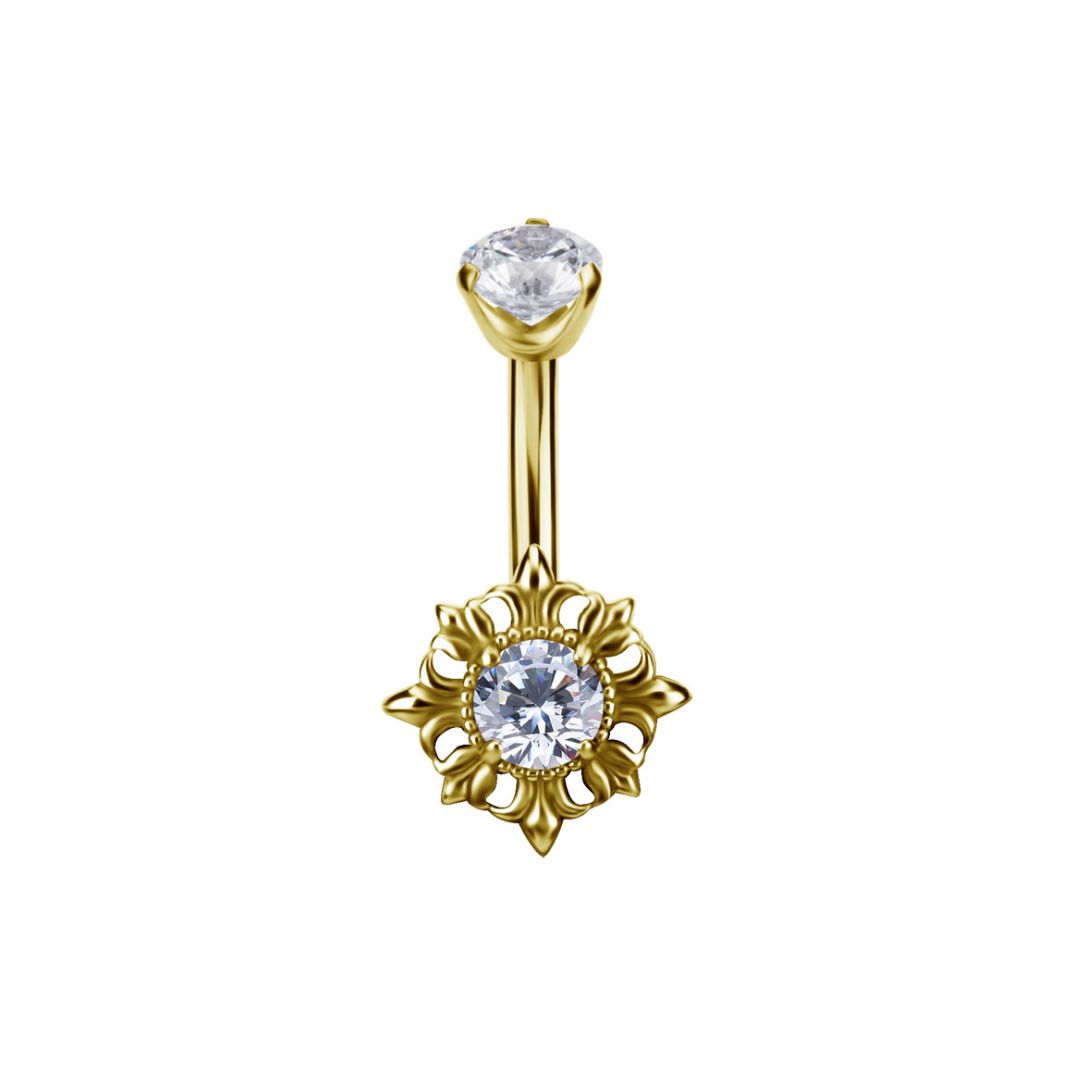 Navelpiercing - blomma med kristall - stål 18k guld PVD