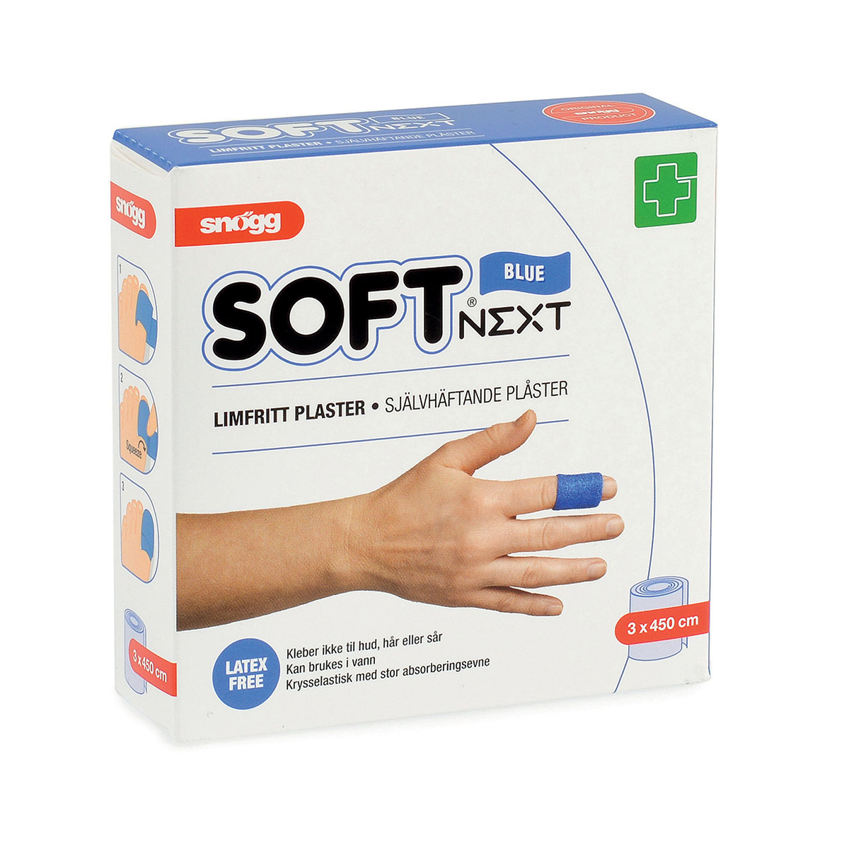 Soft NEXT 3 cm x 4,5 m, blå Limfritt plaster, 11,5 x 11,7 x 3,5cm, Vekt 39g