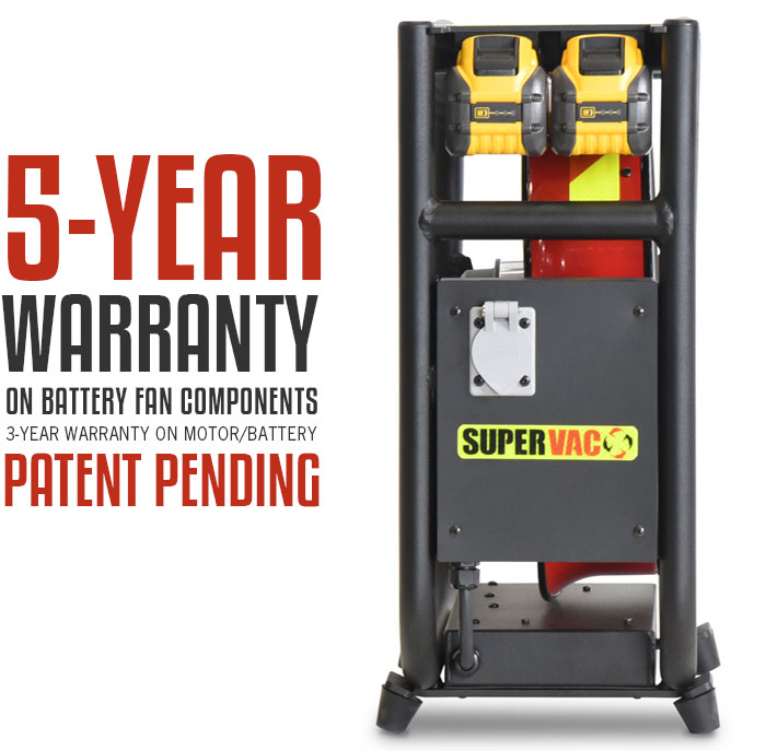 Batteridrevet Vifte, SuperVac  V16-BD, Driftet med 2 x 20V DeWALT batterier. En meget Støysvak vifte, ca. 76 db ved maks belastning, Maks driftstid ved full ytelse 45 min. Ytelse 16,677 cmh "AMCA 240 Certified" - 4