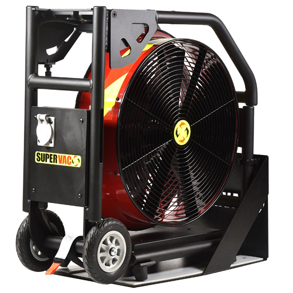 Batteridrevet Vifte, SuperVac  V18-BW, Maks ytelse 14.271 cmh og ca. 70 db. Driftet med 28 V / 5Ah Milwaukee batterier eller 230 VAC. Samme batterier som TNT Rescue og Weber Rescue bruker på sine frigjøringsverktøy