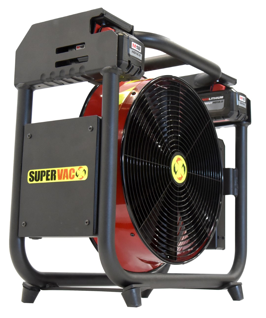 Batteridrevet Vifte, SuperVac  V16-BL-SP, Lukket ramme design. Driftet med 18V Milwaukee batterier eller 230 VAC. En meget Støysvak vifte, ca. 75 db ved maks belastning, Maks driftstid ved full ytelse 50 min. Ytelse 15,514 cmh "AMCA 240 Certified" - 2
