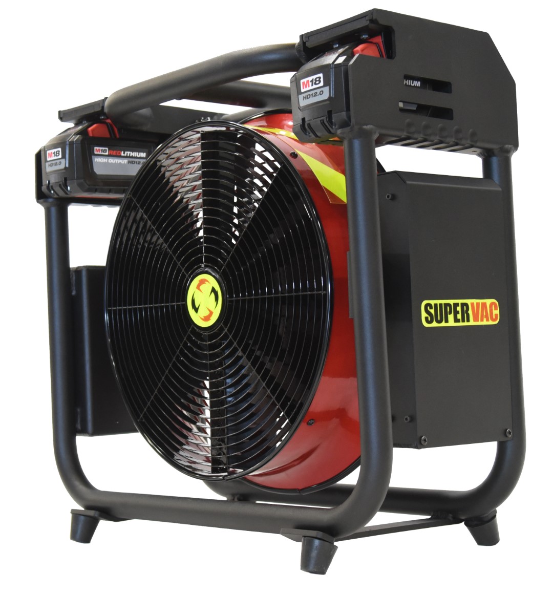 Batteridrevet Vifte, SuperVac  V16-BL-SP, Lukket ramme design. Driftet med 18V Milwaukee batterier eller 230 VAC. En meget Støysvak vifte, ca. 75 db ved maks belastning, Maks driftstid ved full ytelse 50 min. Ytelse 15,514 cmh "AMCA 240 Certified"