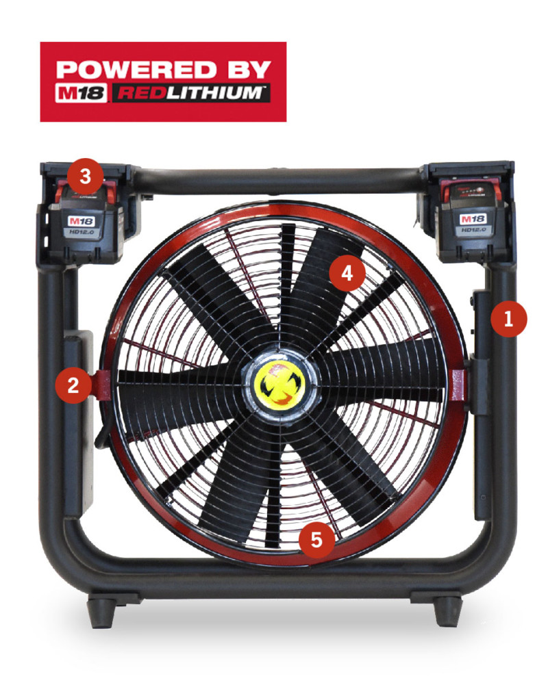 Batteridrevet Vifte, SuperVac  V16-BL-SP, Lukket ramme design. Driftet med 18V Milwaukee batterier eller 230 VAC. En meget Støysvak vifte, ca. 75 db ved maks belastning, Maks driftstid ved full ytelse 50 min. Ytelse 15,514 cmh "AMCA 240 Certified" - 8
