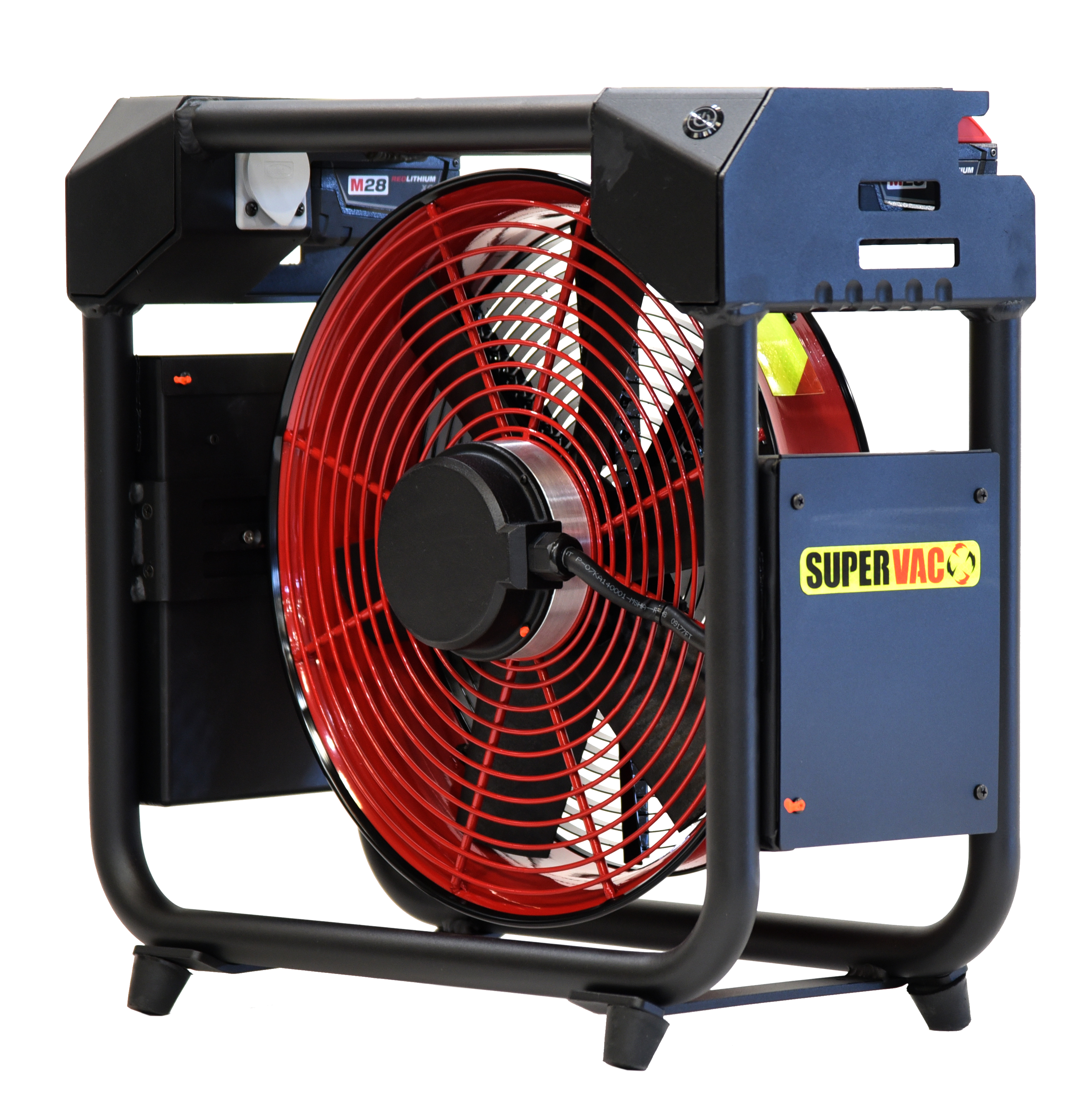 Batteridrevet Vifte, SuperVac  V16-BW, Maks ytelse 13.735 cmh og ca. 75 db. Driftet med 28 V / 5Ah Milwaukee batterier eller 230 VAC. Maks driftstid 52 minutt. Samme batterier som TNT Rescue og Weber Rescue bruker på sine frigjøringsverktøy - 5