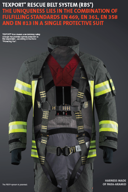 Brannbekledning, TEXPORT FIRE SURVIVOR RBS, patentert bekledning med integrert redningssele. EN 469, EN 361, EN 358 og EN 813 - 3