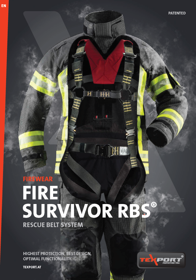 Brannbekledning, TEXPORT FIRE SURVIVOR RBS, patentert bekledning med integrert redningssele. EN 469, EN 361, EN 358 og EN 813