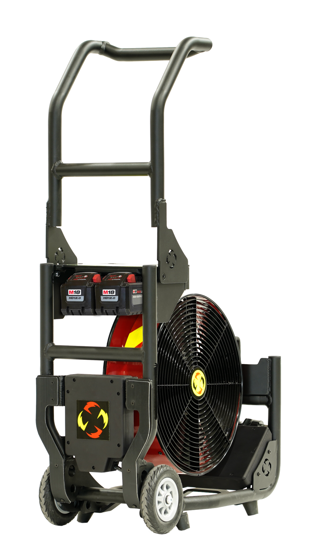 Batteridrevet Vifte, SuperVac  V16-BL-SP-WL, Nytt ramme design, med hjul og transporthåndtak. Driftet med 18V Milwaukee batterier eller 230 VAC. En meget Støysvak vifte, ca. 75 db ved maks belastning, Maks driftstid ved full ytelse 46 min. Ytelse 13,118 cmh "AMCA 240-22 Certified" - 13