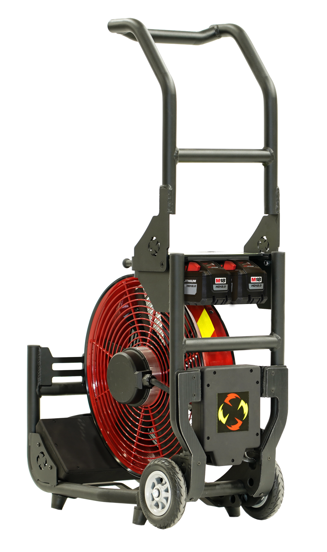 Batteridrevet Vifte, SuperVac  V16-BL-SP-WL, Nytt ramme design, med hjul og transporthåndtak. Driftet med 18V Milwaukee batterier eller 230 VAC. En meget Støysvak vifte, ca. 75 db ved maks belastning, Maks driftstid ved full ytelse 46 min. Ytelse 13,118 cmh "AMCA 240-22 Certified" - 10