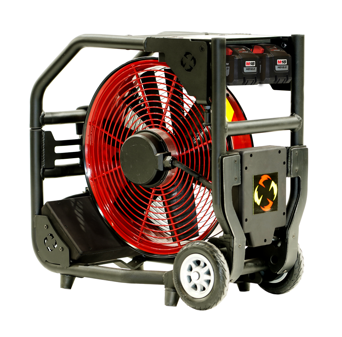 Batteridrevet Vifte, SuperVac  V16-BW-SP-WL, Nytt ramme design, med hjul og transporthåndtak. Driftet med M28V Milwaukee batterier eller 230 VAC. En meget Støysvak vifte, ca. 75 db ved maks belastning, Maks driftstid ved full ytelse 52 min. Ytelse 13,735 cmh - 2