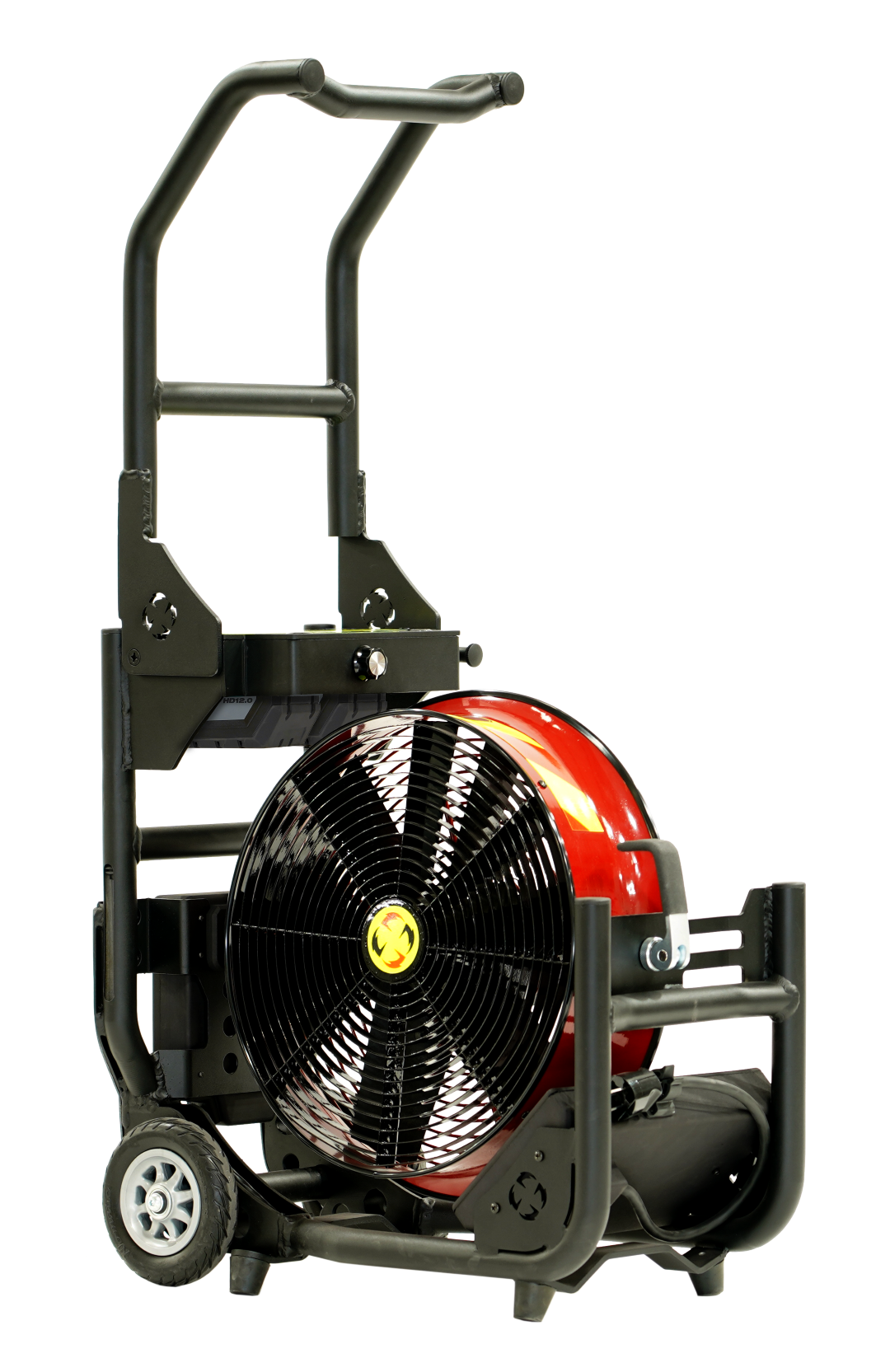 Batteridrevet Vifte, SuperVac  V16-BW-SP-WL, Nytt ramme design, med hjul og transporthåndtak. Driftet med M28V Milwaukee batterier eller 230 VAC. En meget Støysvak vifte, ca. 75 db ved maks belastning, Maks driftstid ved full ytelse 52 min. Ytelse 13,735 cmh - 14