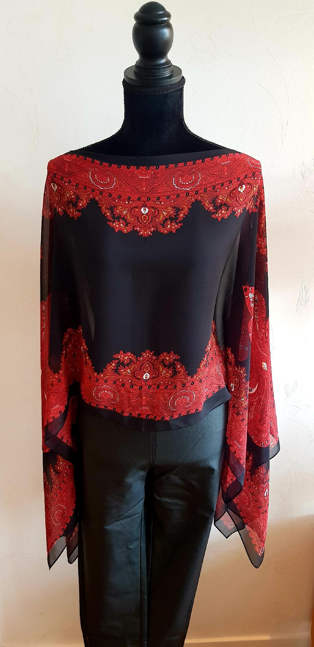 Poncho Blouse Svart/Röd  Modes Stockholm