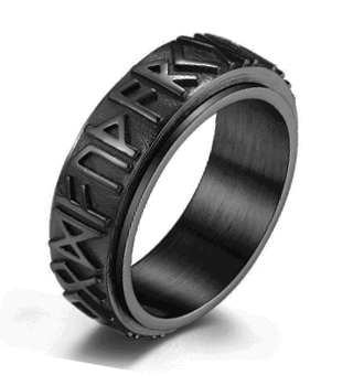 8 mm. Svart spinnerring med runor i rostfritt stål.