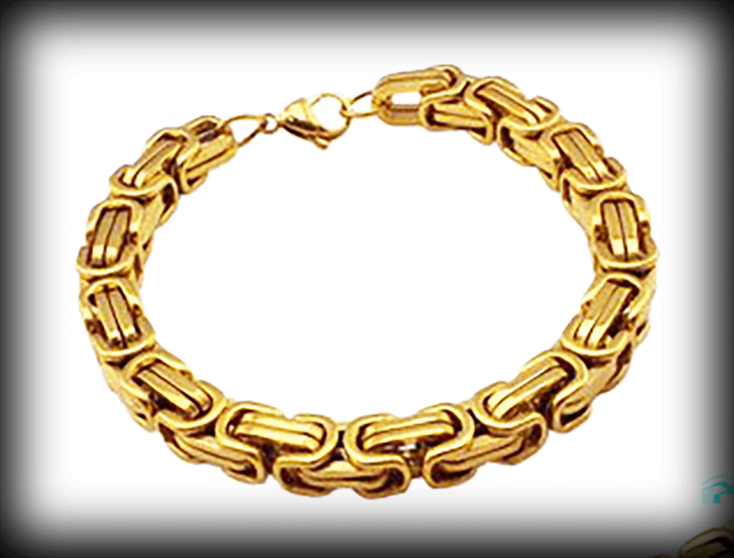 14 mm. Manglad kejsarlänk armband i guldfärgat rostfritt stål.