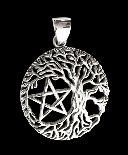 27 mm. Pentagram och Livets träd hänge - Yggdrasil - Mimers brunn i Äkta silver. - 2