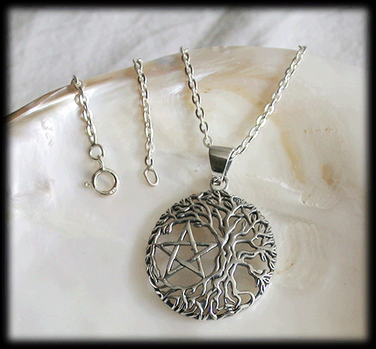 27 mm. Pentagram och Livets träd hänge - Yggdrasil - Mimers brunn i Äkta silver. - 3