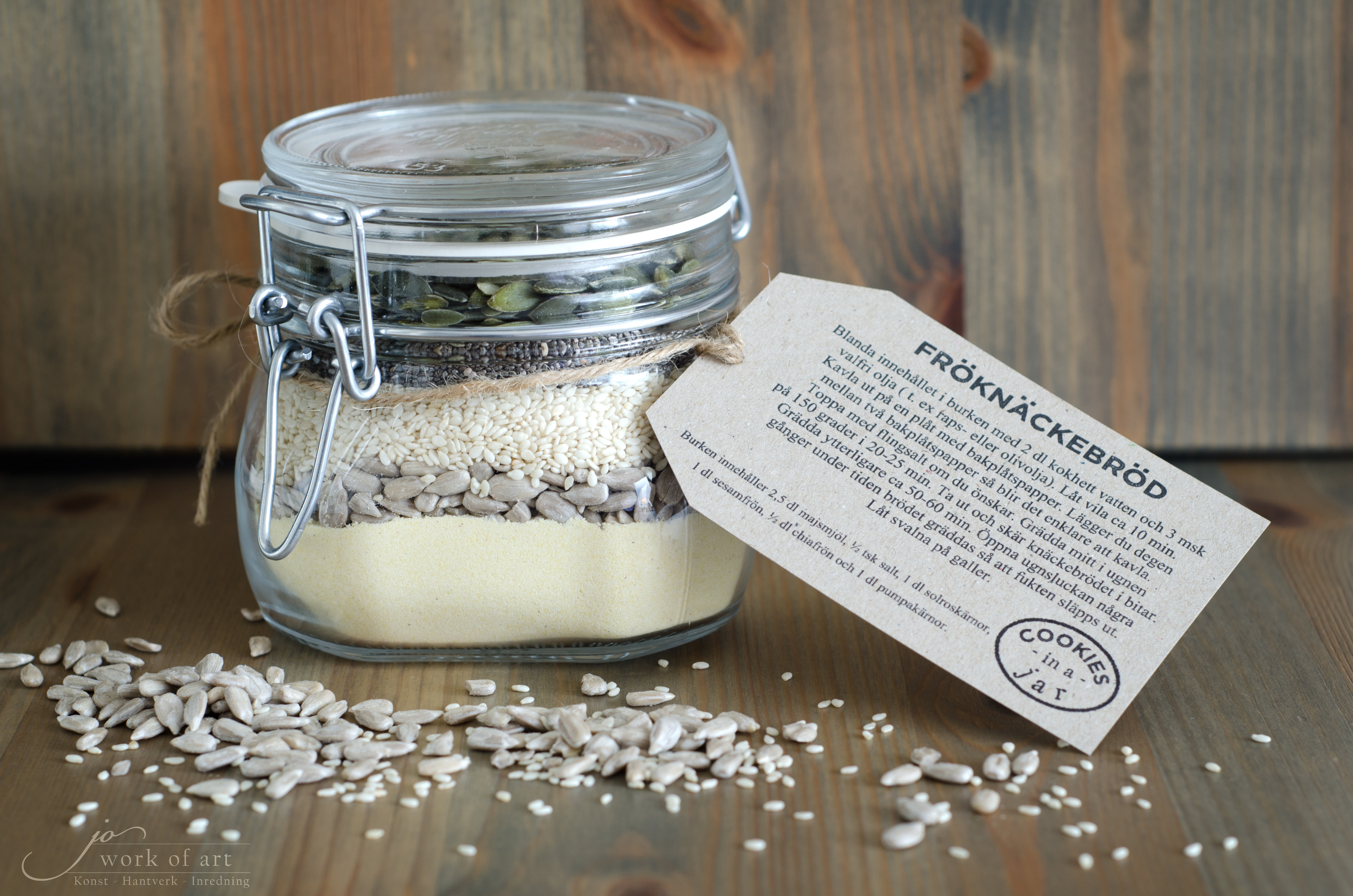"Cookies in a jar", Fröknäckebröd, Receptblad + 5 etiketter på ark + jutesnöre - 3