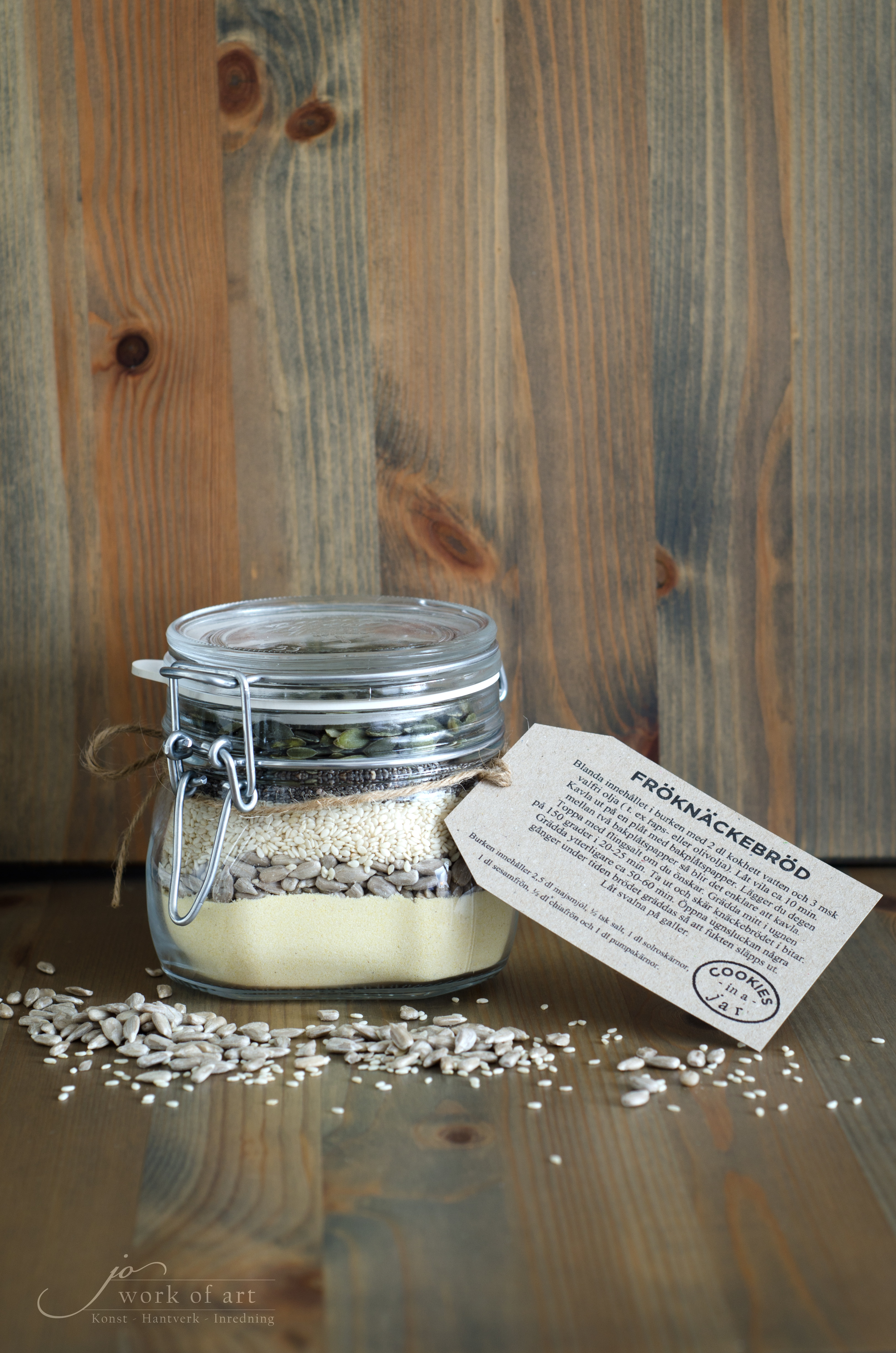 "Cookies in a jar", Fröknäckebröd, Receptblad + 5 etiketter på ark + jutesnöre