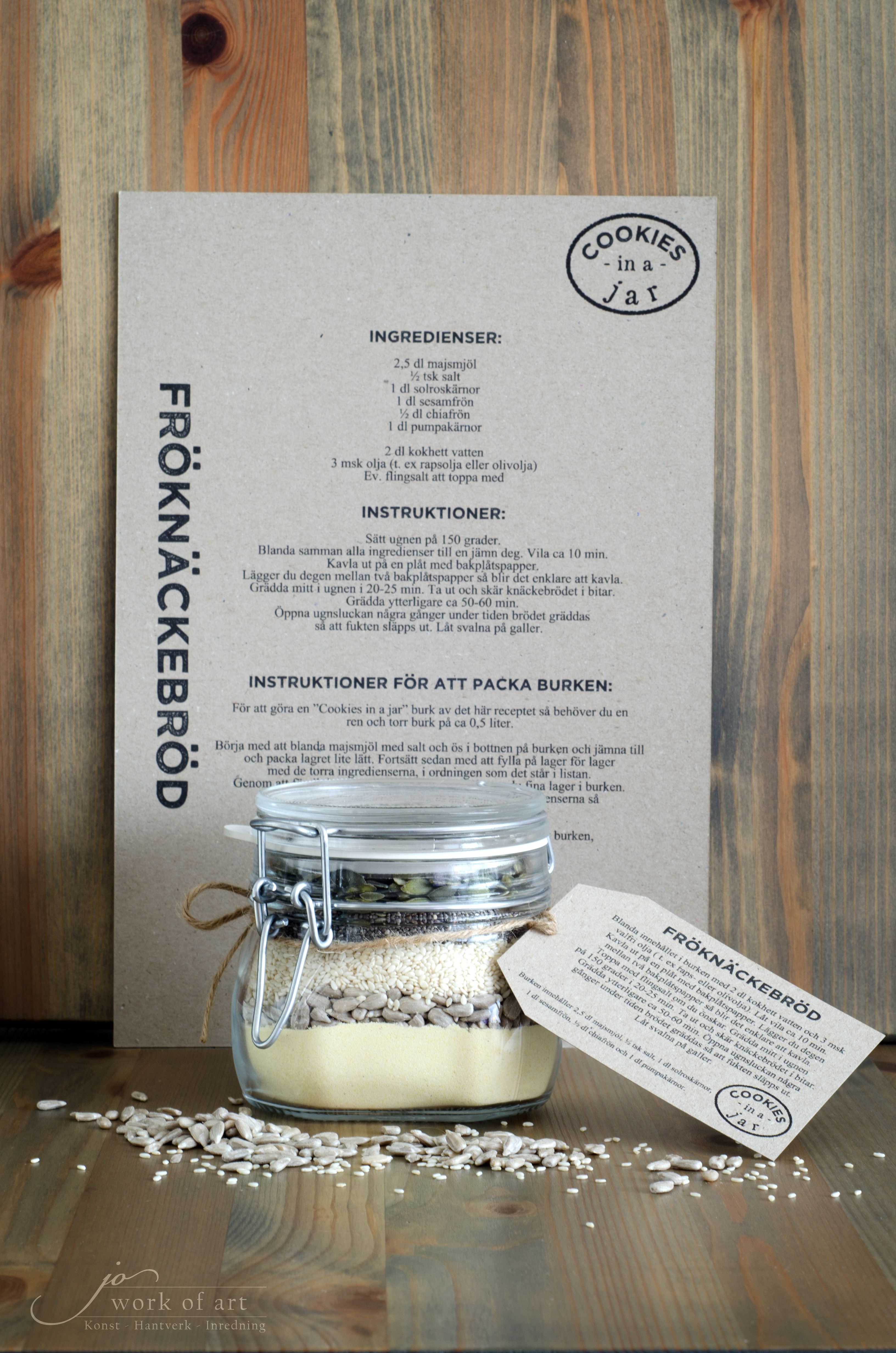 "Cookies in a jar", Fröknäckebröd, Receptblad + 5 etiketter på ark + jutesnöre - 2