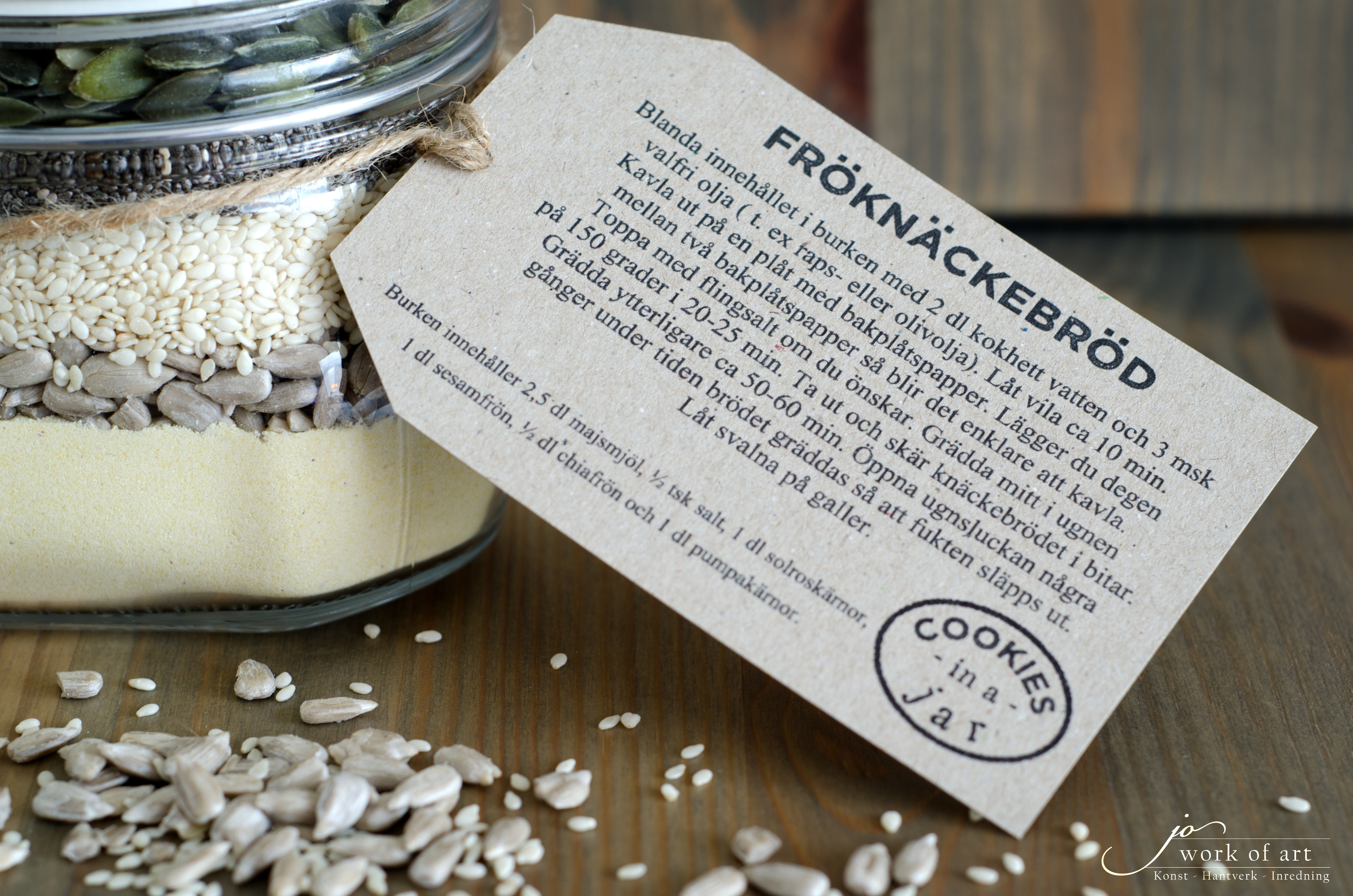 "Cookies in a jar", Fröknäckebröd, Receptblad + 5 etiketter på ark + jutesnöre - 4