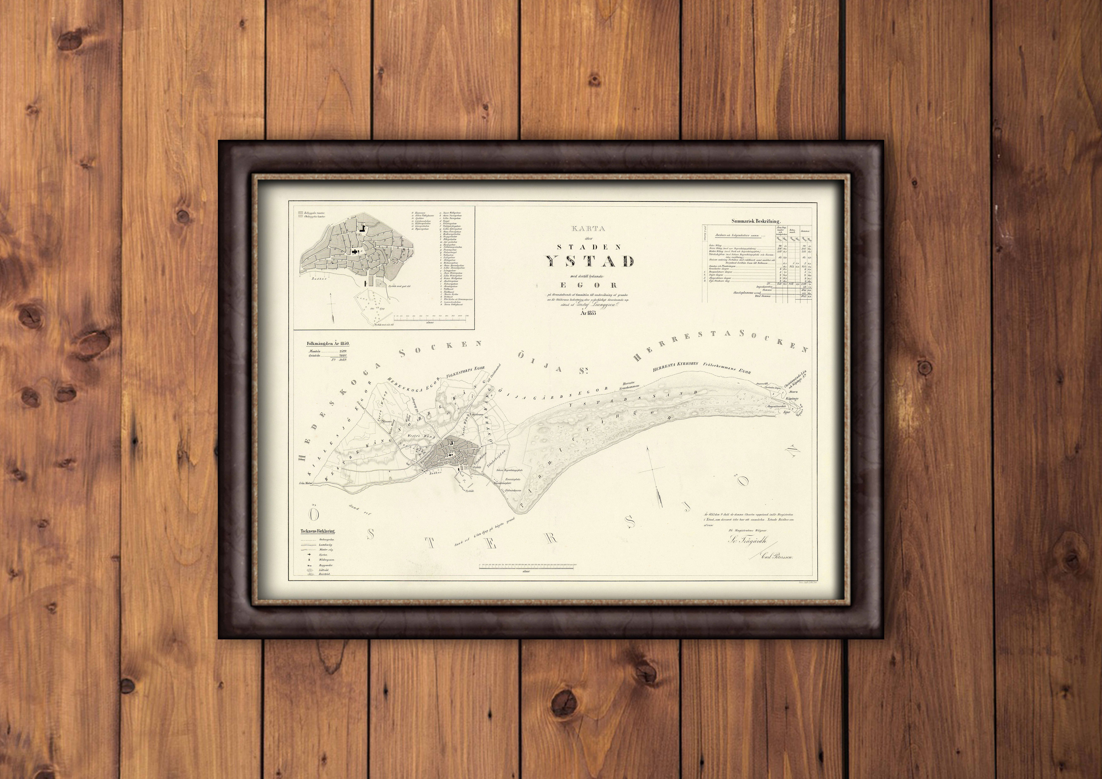 Historisk karta Ystad år 1853, print