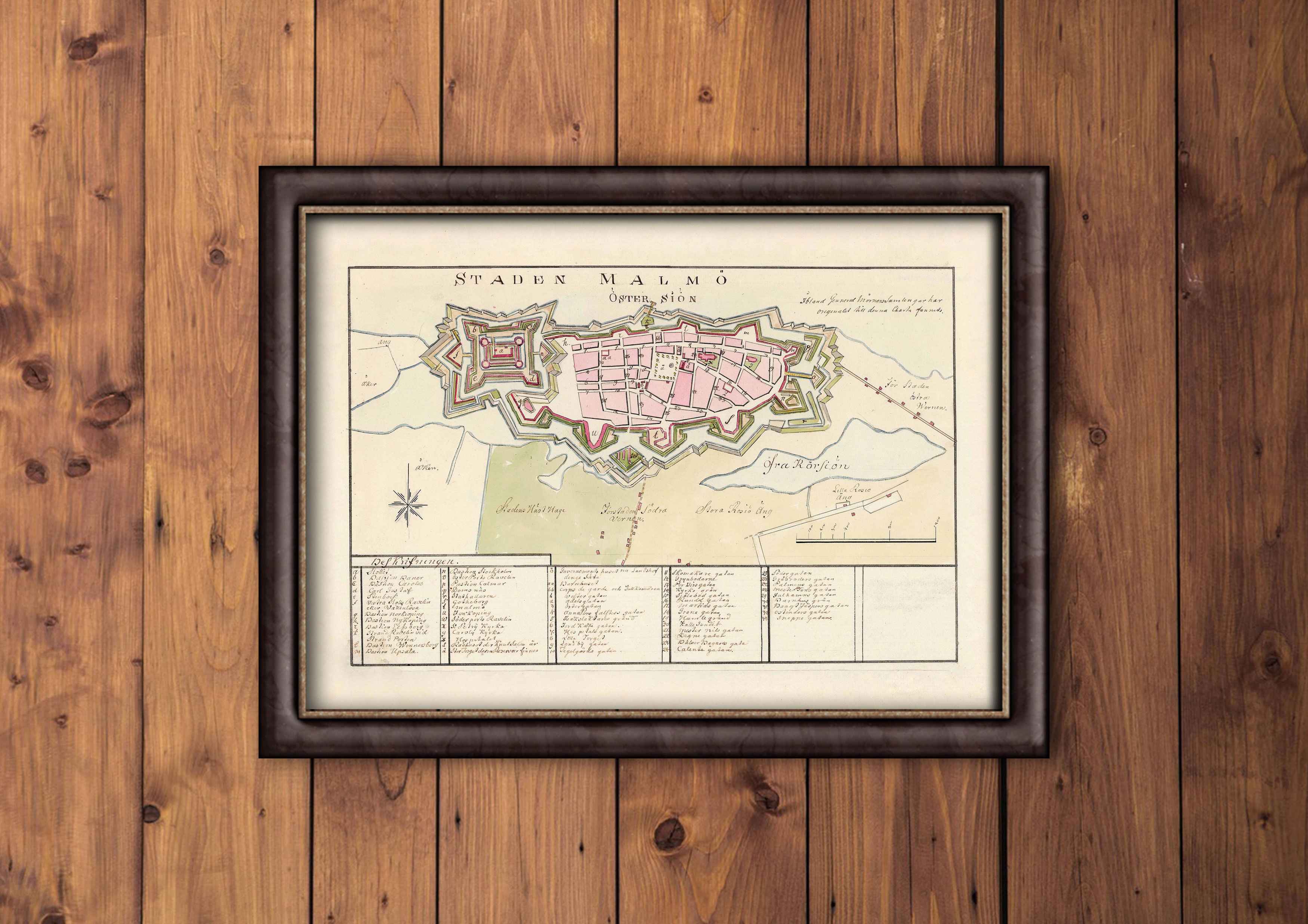 Historisk karta Malmö stad 1800-tal, print