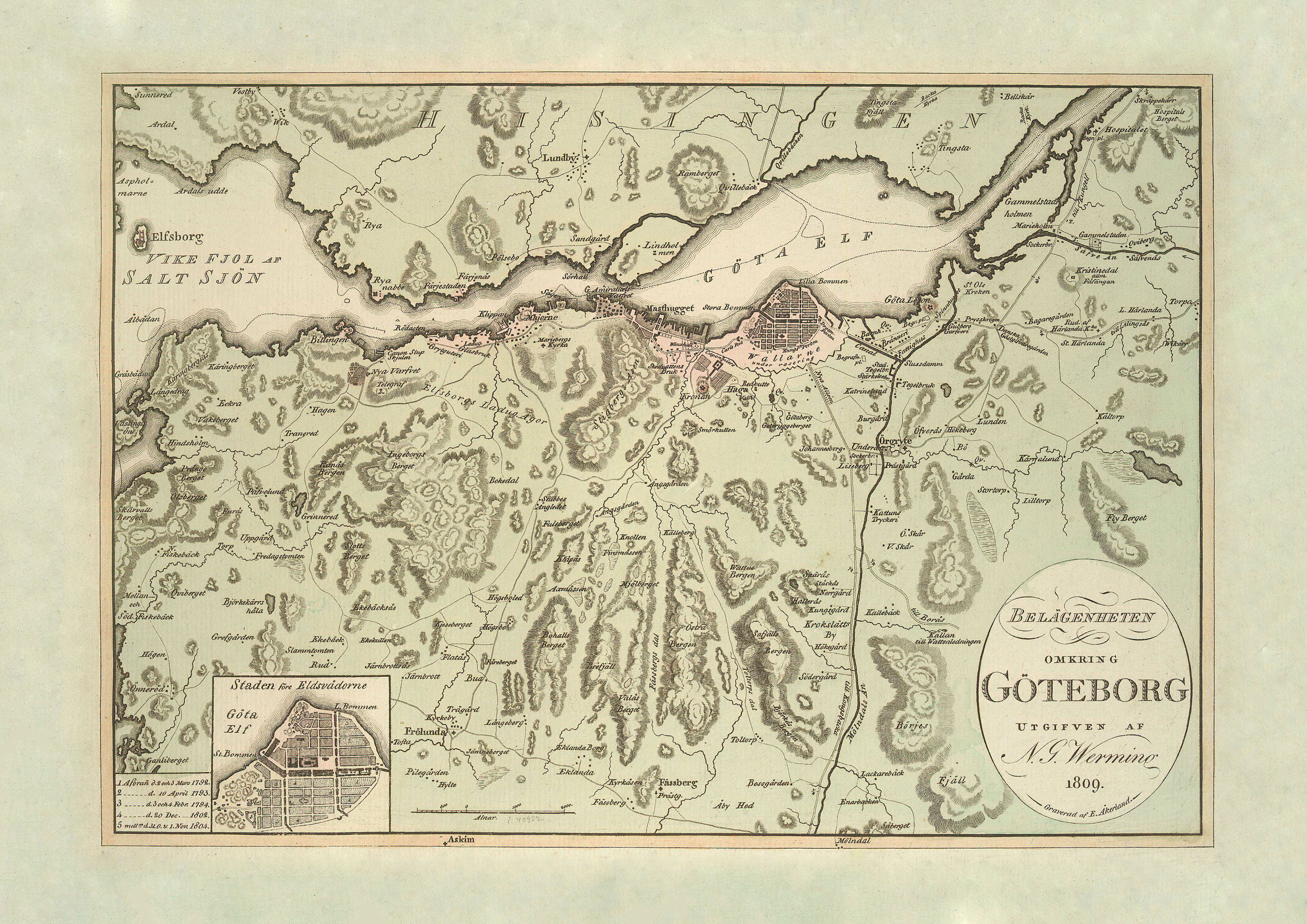 Historisk karta Göteborg stad år 1809,  print - 2