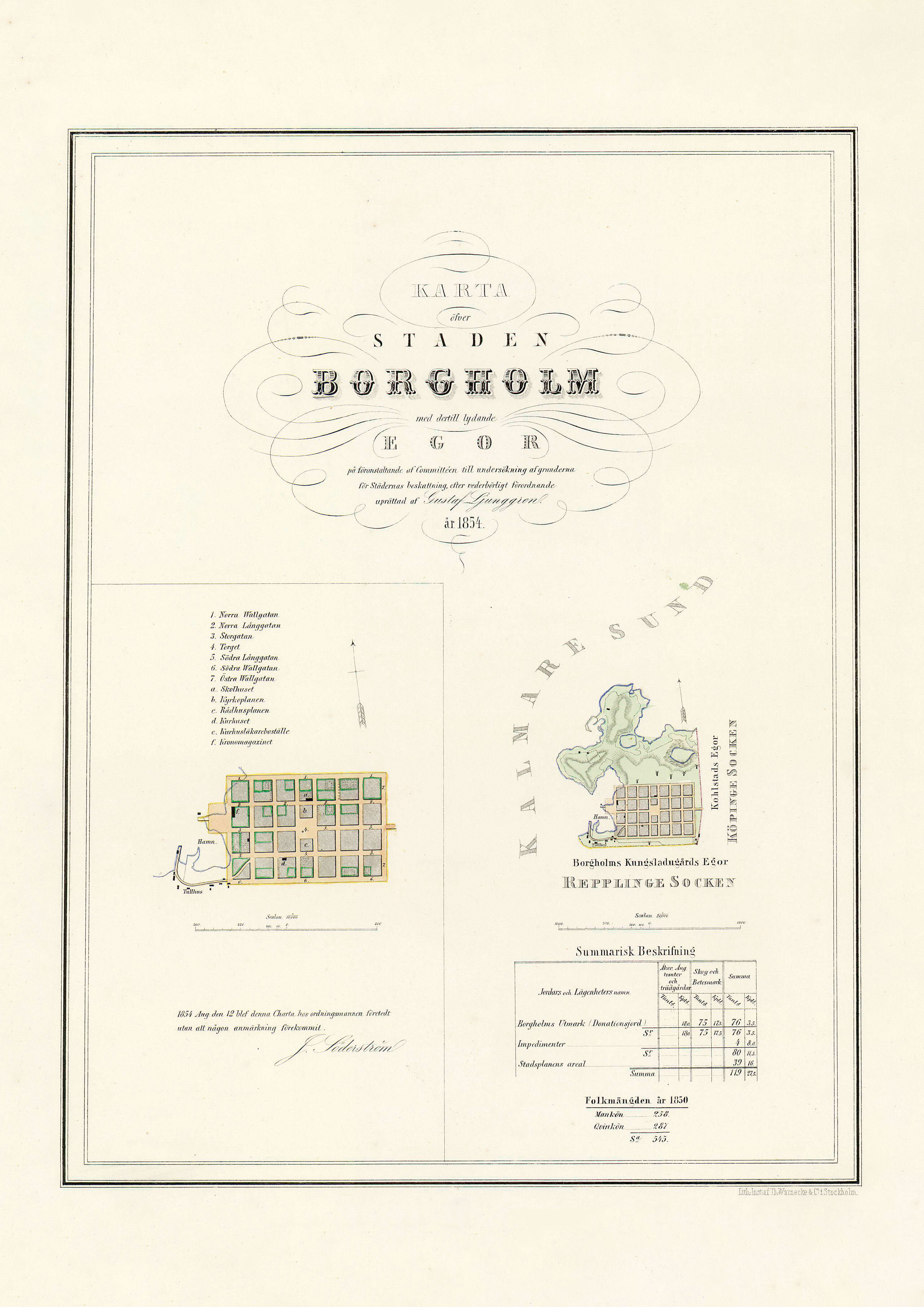 Historisk karta Borgholm Kalmar län år 1854,  print - 2