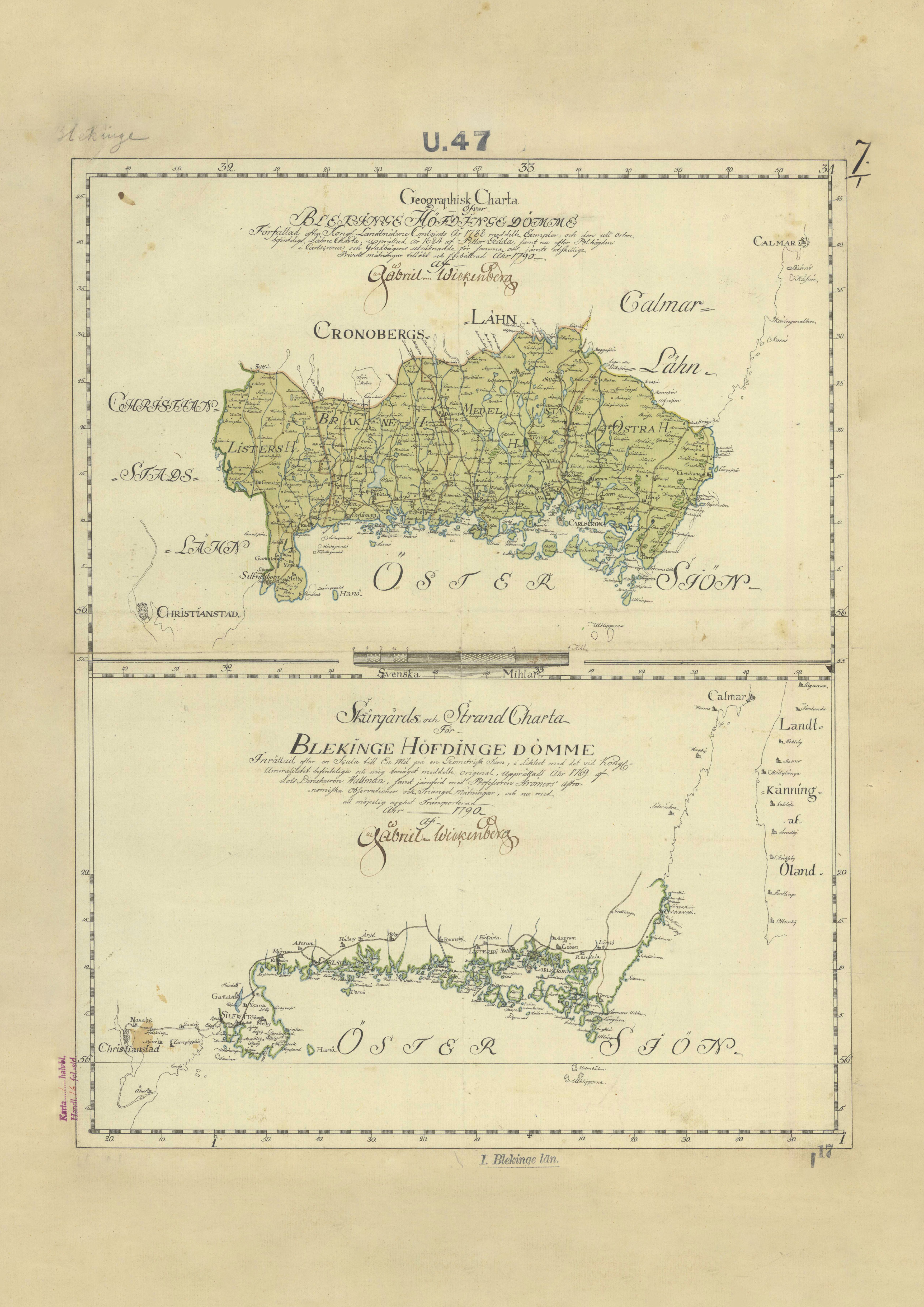 Historisk karta Blekinge år 1789,  print - 2