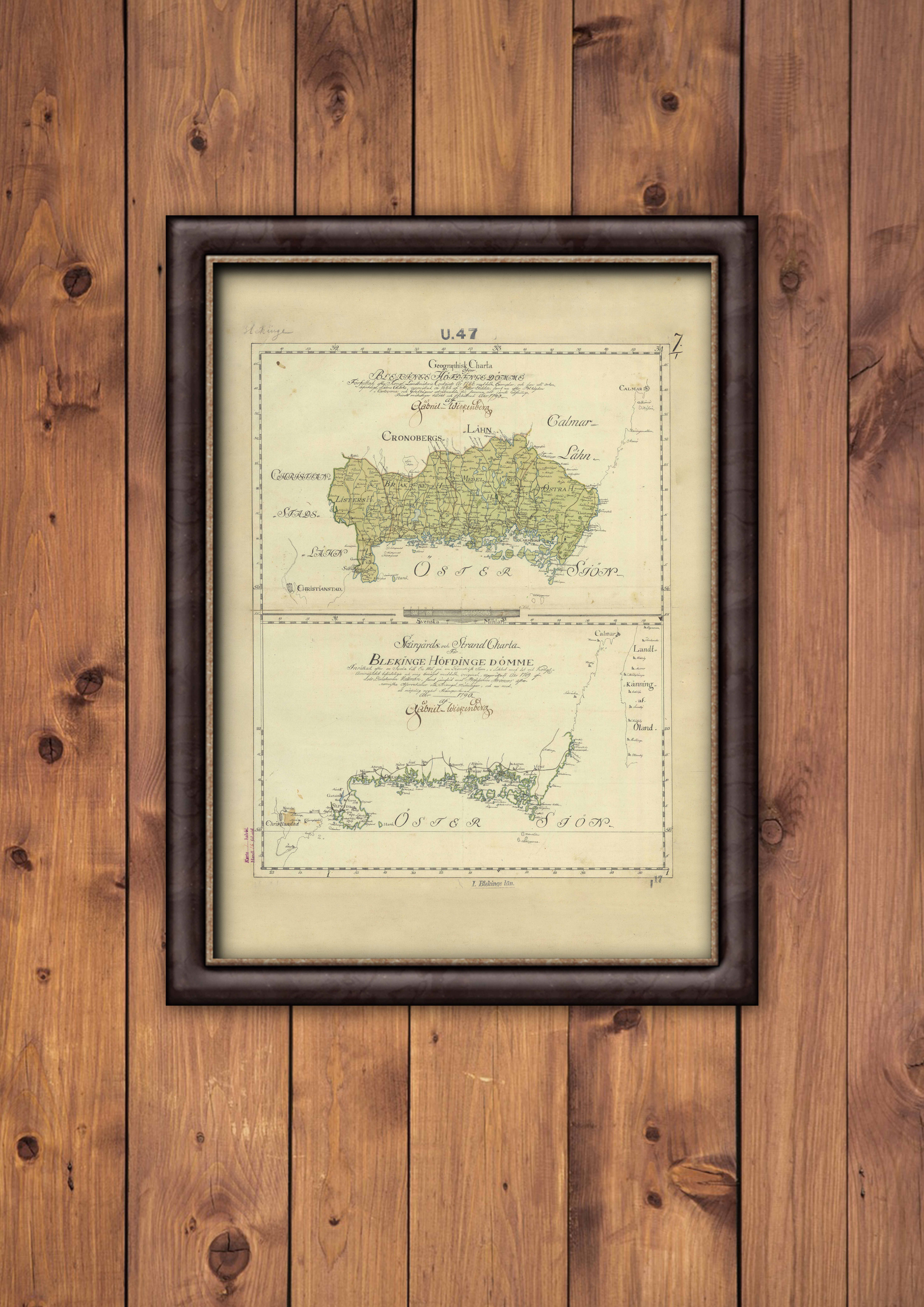 Historisk karta Blekinge år 1789,  print