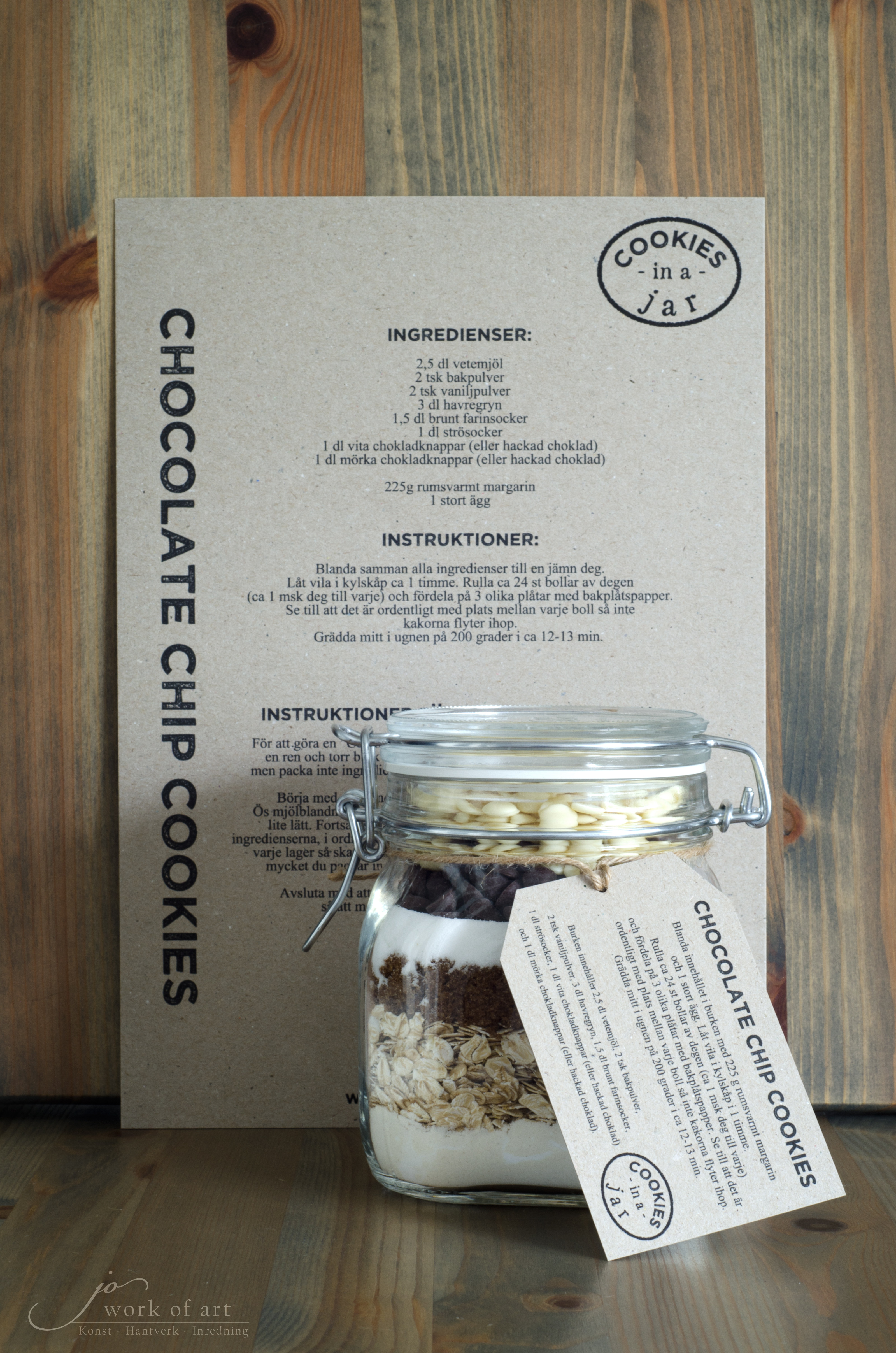 "Cookies in a jar", Chocolate chip cookies, Receptblad + 5 etiketter på ark + jutesnöre - 2