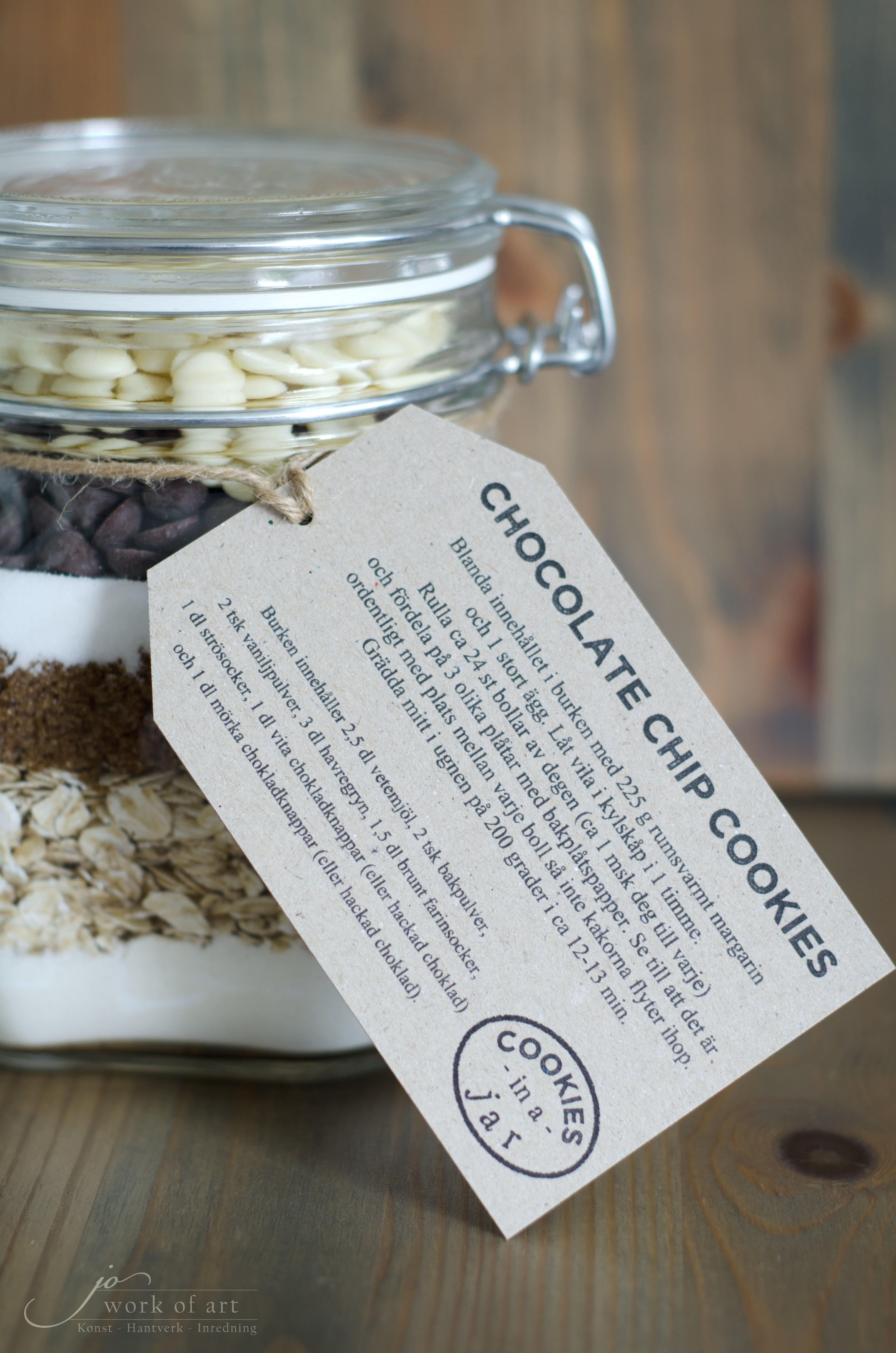 "Cookies in a jar", Chocolate chip cookies, Receptblad + 5 etiketter på ark + jutesnöre - 3