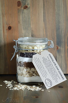 "Cookies in a jar", Chocolate chip cookies, Receptblad + 5 etiketter på ark + jutesnöre