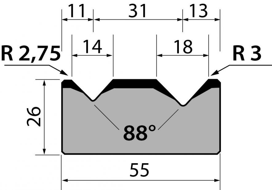 Dyna 88degr V=14+18mm 415mm 1000kN/m