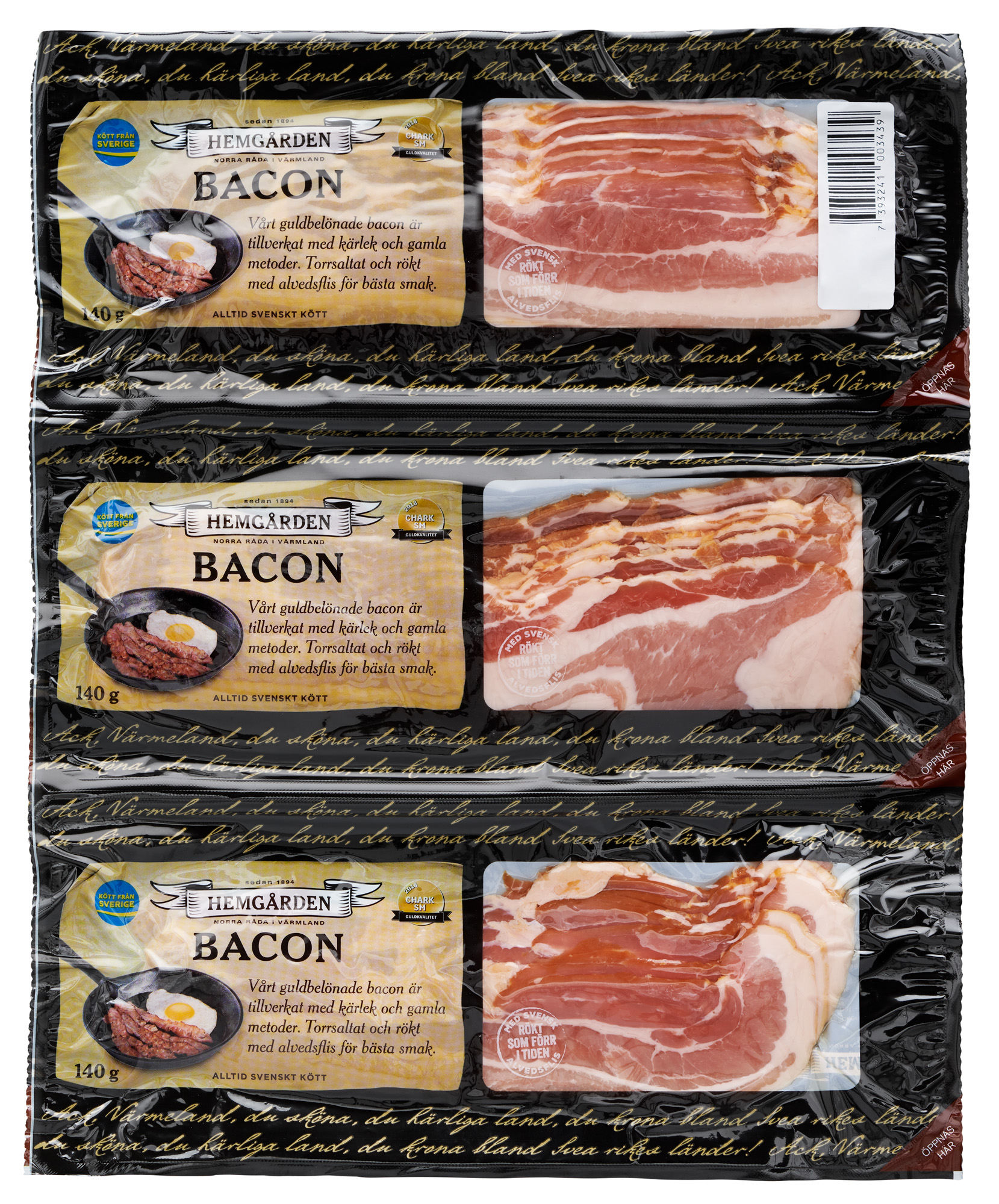 Hemgården Alvedsrökt bacon skivad 3 x 140 g.