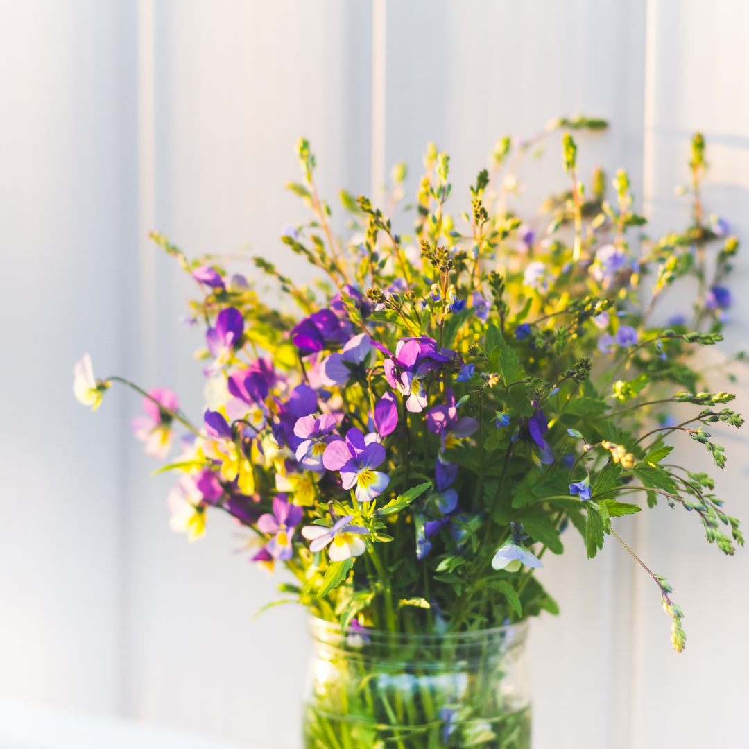 bukett penséer, vildplockade blombukett