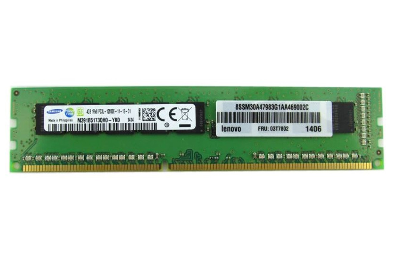 4GB DDR3L 1x4GB Samsung UDIMM ECC 1Rx8 PC3L-12800E 1600Mhz Single Rank x8 RAM Minne