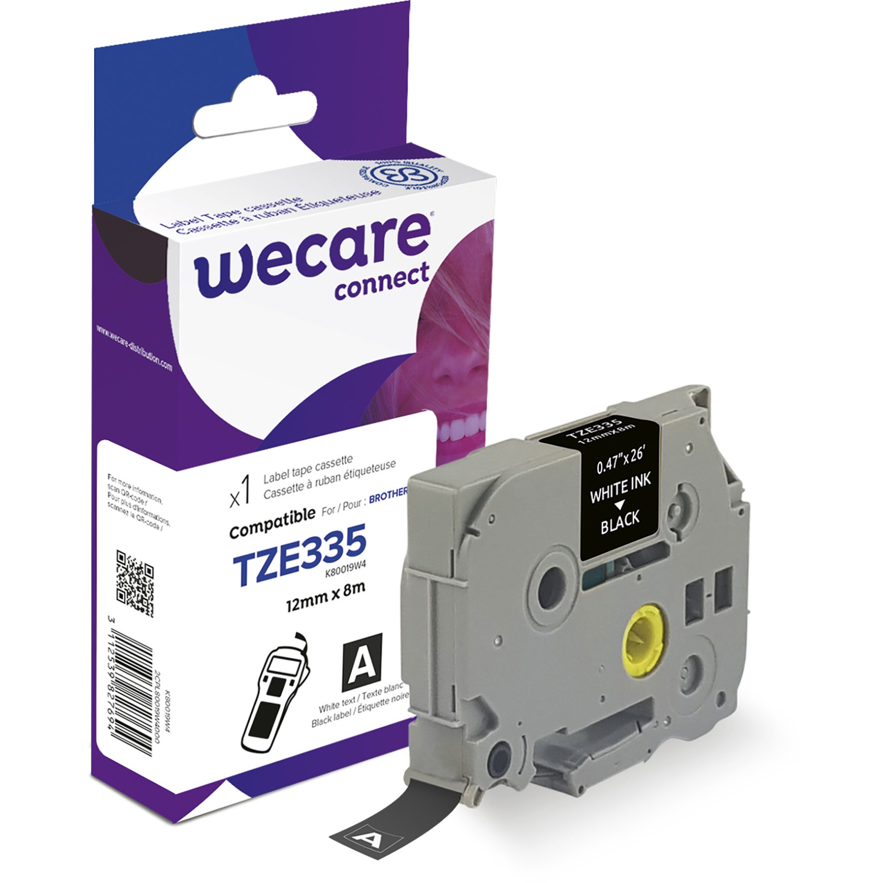 Märkband Wecare TZe vit/svart 12 mm 8 m