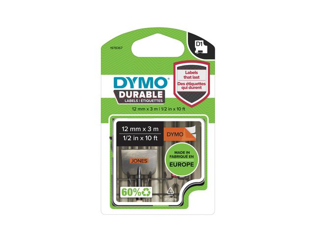 Märkband Dymo D1 Durable svart/orange 12 mm