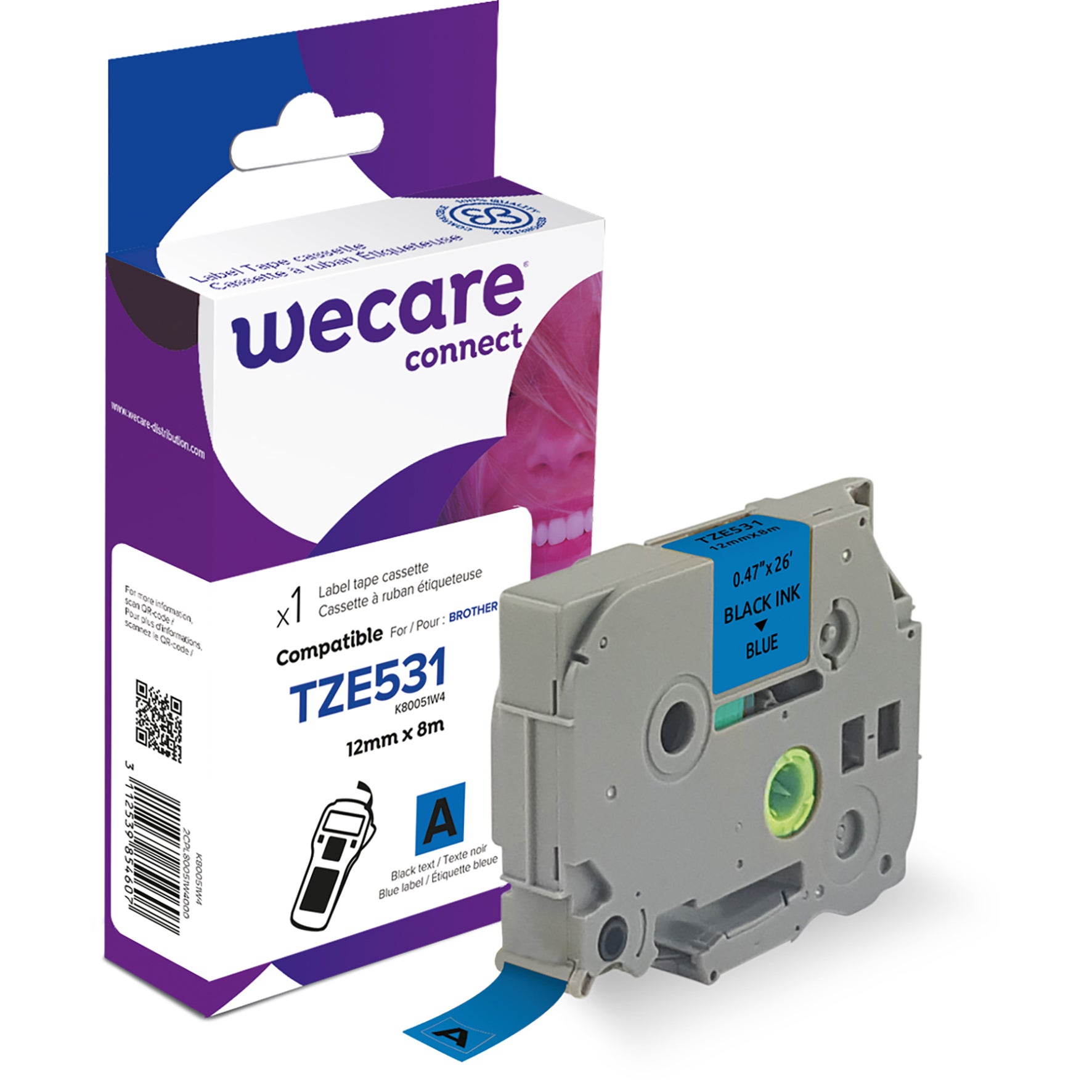 Märkband Wecare TZe svart/blå 12 mm 8 m