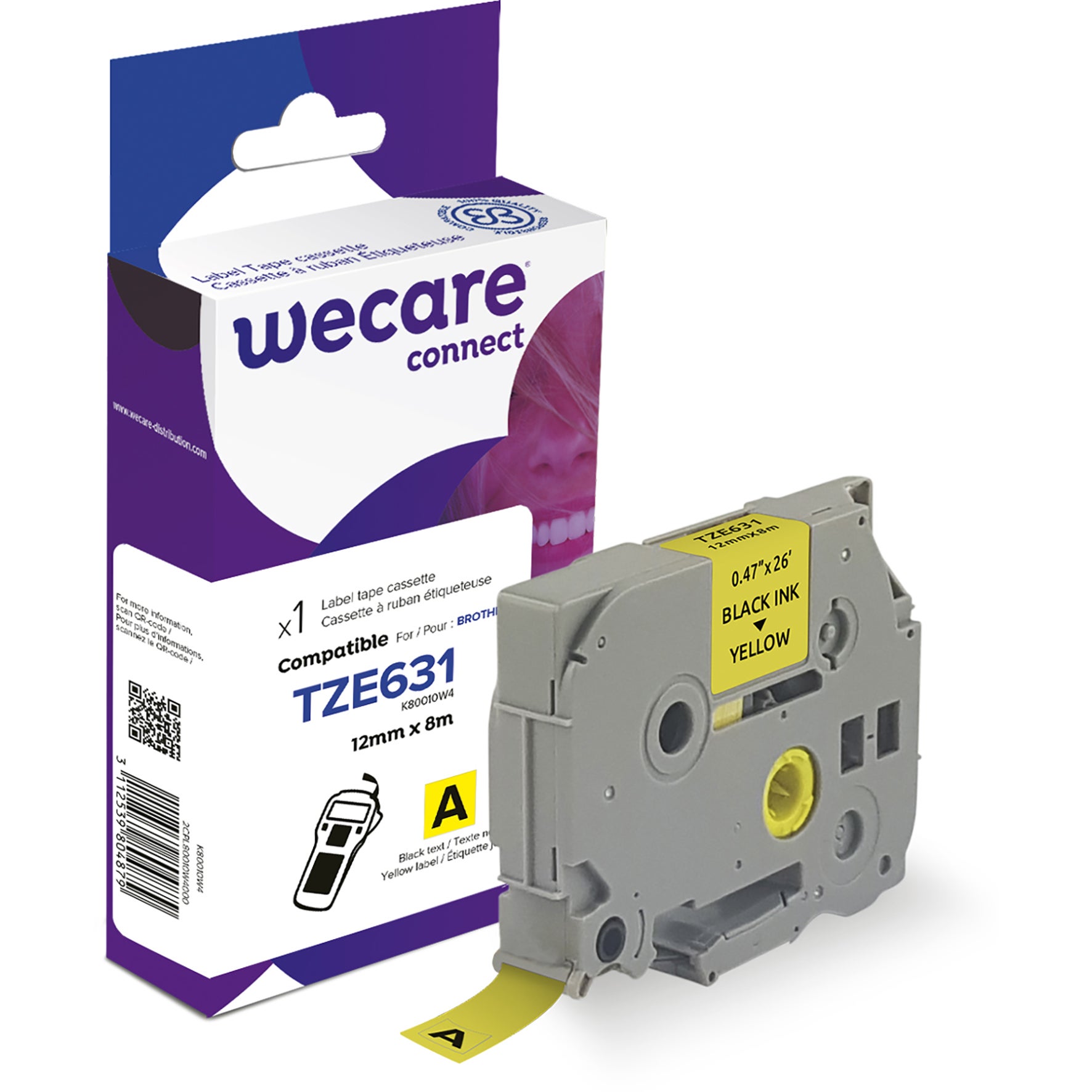 Märkband Wecare TZe svart/gul 12 mm 8 m
