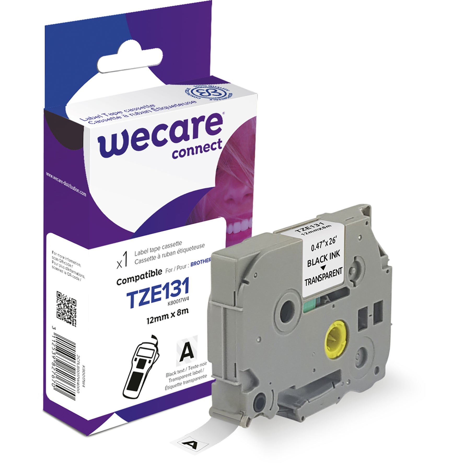 Märkband Wecare TZe svart/klar 12 mm 8 m