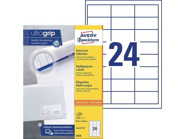 Etikett AVERY 64,6x33,8mm 2400/fp