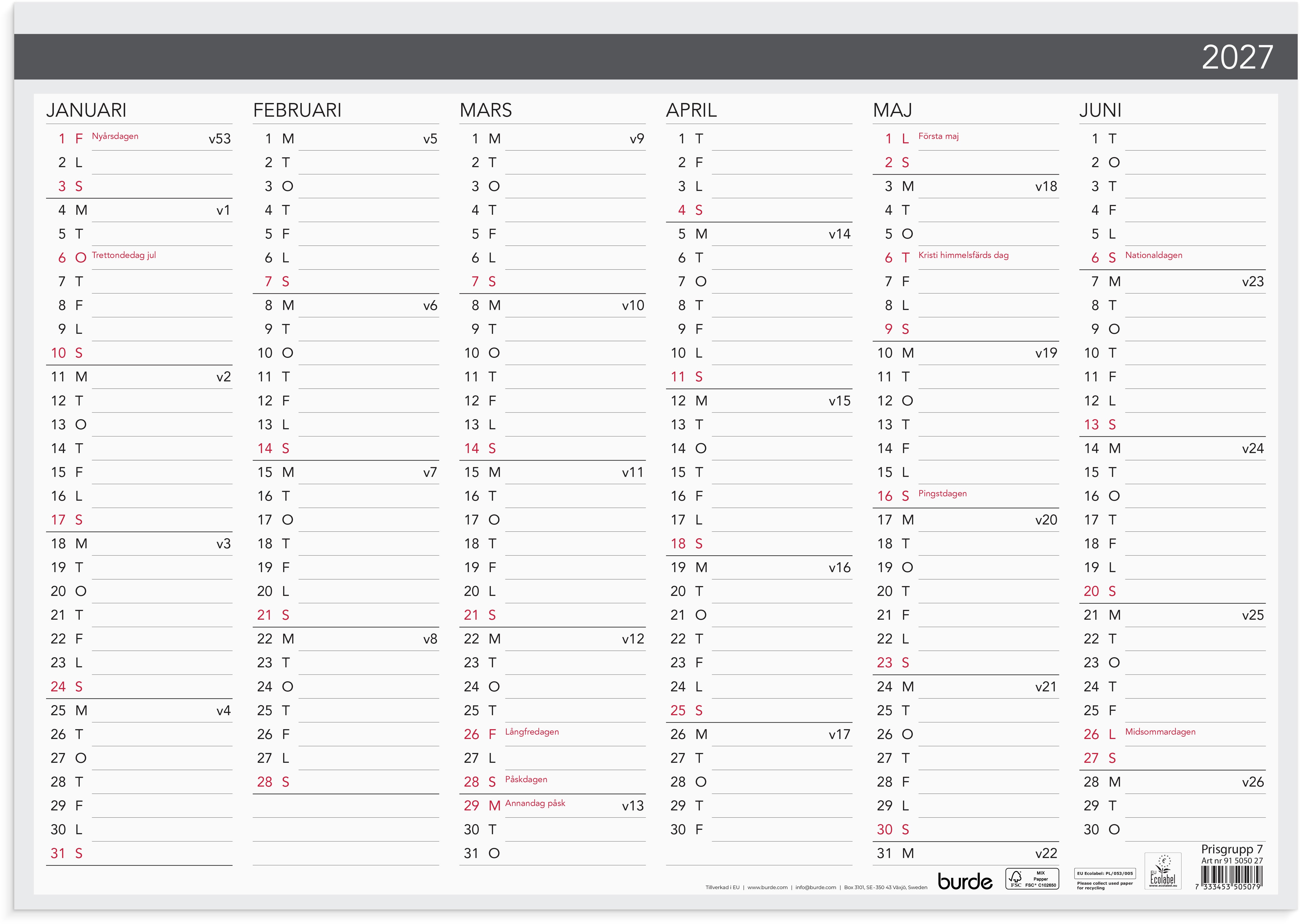 Väggblad 2027 Elegant A3 Burde