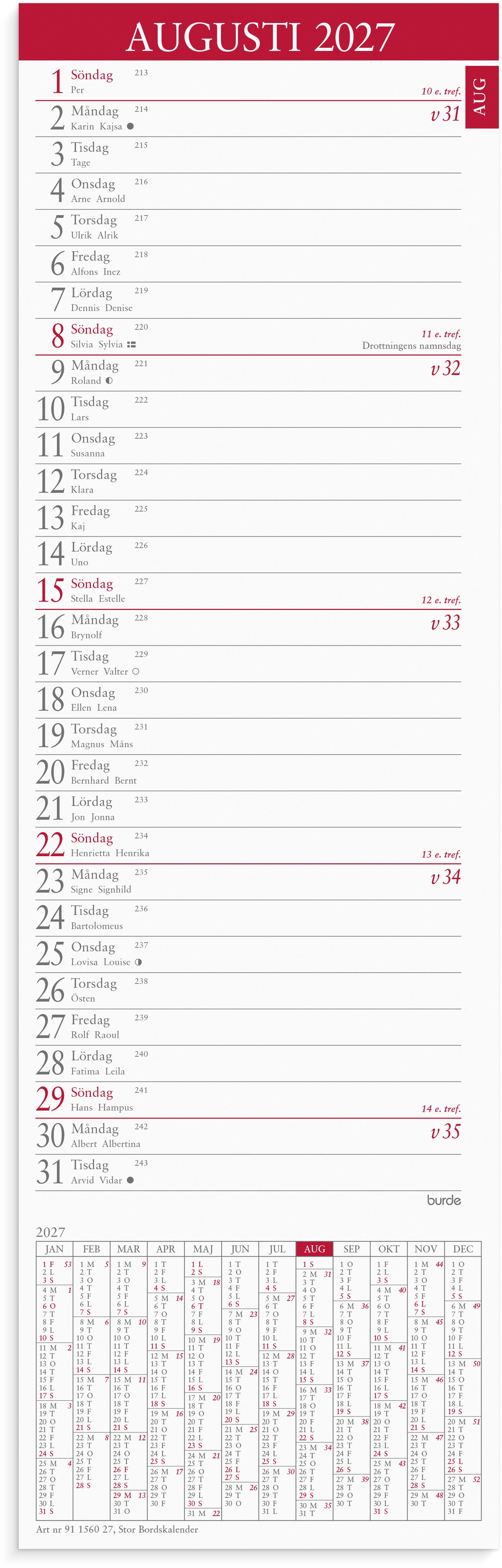 Stor Bordskalender 2027 Burde